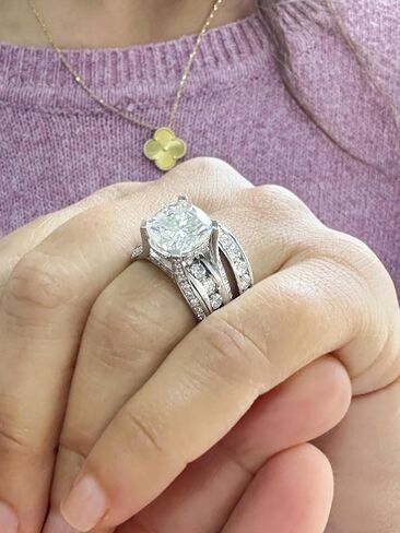 Cushion And Round Cut Sides Diamond Engagement Ring And Band Set In IGI Certified 14K Solid White Gold Hiden Halo Wedding Bridal Ring 7.50ct in Kuwait