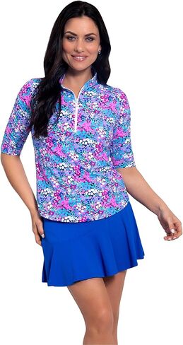 IBKUL Athleisure Wear واقي من الشمس UPF 50+ Icefil Cooling Allana طباعة Ruched الكوع الأكمام اليوسفي طوق الأعلى - 41112 in Kuwait