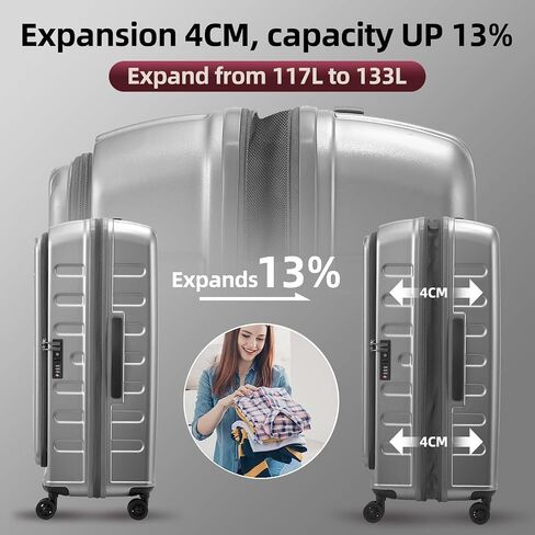 Kaleenie 29 Inch Luggage with Expansion and Side Opening Design, 50 * 31(35)*76cm, 117L~133L Lightweight ABS+PC Hardshell Checked Suitcase, Gray in Kuwait