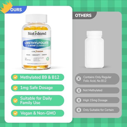 Methylfolate Gummies, L-Methylfolate & Methyl B12, Active Folate Supplement, Bioactive Vitamin B9 & Vitamin B12 Supplement, Gluten Free, Non-GMO, 120 Count in Saudi Arabia