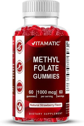 Vitamatic Methylfolate Gummies 1000 mcg – Active 5-MTHF Form – Natural Strawberry Flavor – Vegan, Non-GMO, Gluten Free – 60 Gummies in Kuwait