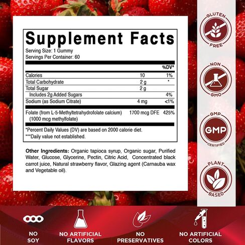 Vitamatic Methylfolate Gummies 1000 mcg – Active 5-MTHF Form – Natural Strawberry Flavor – Vegan, Non-GMO, Gluten Free – 60 Gummies in Kuwait