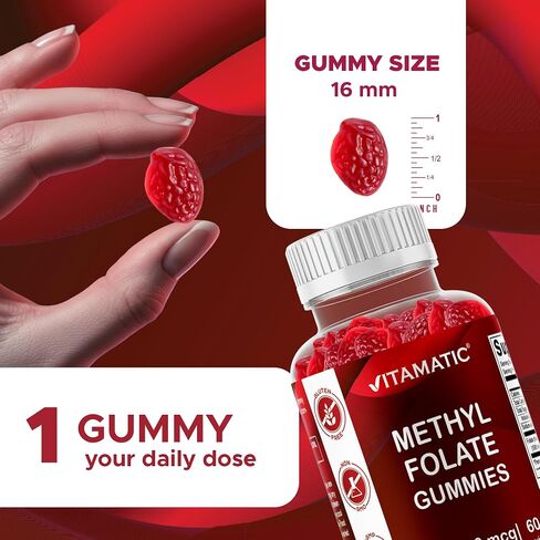 Vitamatic Methylfolate Gummies 1000 mcg – Active 5-MTHF Form – Natural Strawberry Flavor – Vegan, Non-GMO, Gluten Free – 60 Gummies in Kuwait