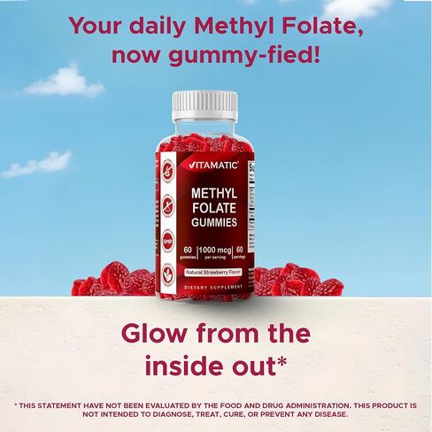 Vitamatic Methylfolate Gummies 1000 mcg – Active 5-MTHF Form – Natural Strawberry Flavor – Vegan, Non-GMO, Gluten Free – 60 Gummies in Kuwait