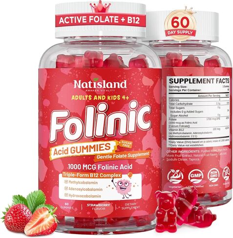 Folinic Acid Gummies, Folinic Acid for Kids & Adults 4+, Gentle Methylation Support, MTHFR-Friendly Folic Acid Alternative, Non-GMO, Sugar Free, Strawberry Flavor, 60 Count in Saudi Arabia