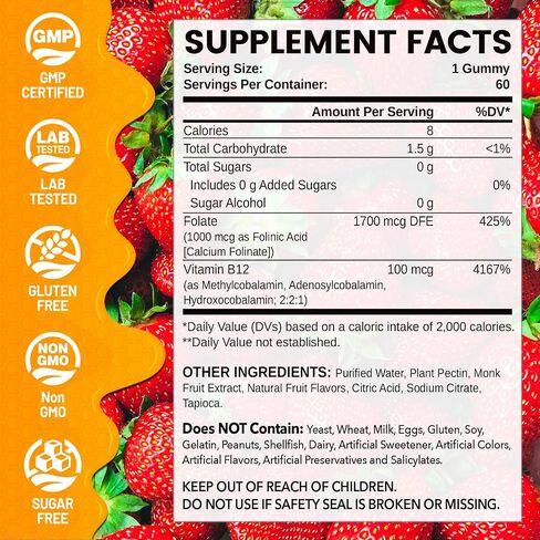Folinic Acid Gummies, Folinic Acid for Kids & Adults 4+, Gentle Methylation Support, MTHFR-Friendly Folic Acid Alternative, Non-GMO, Sugar Free, Strawberry Flavor, 60 Count in Saudi Arabia