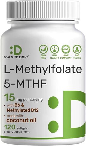 DEAL SUPPLEMENT L-Methylfolate 15 mg Per Serving, 120 Coconut Oil Softgels | 3-in-1 with Active 5-MTHF Methylated Vitamin B9, B6 & Methylated B12 | Active Folate Supplement | Non-GMO, Gluten Free in Kuwait