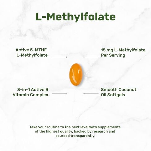 DEAL SUPPLEMENT L-Methylfolate 15 mg Per Serving, 120 Coconut Oil Softgels | 3-in-1 with Active 5-MTHF Methylated Vitamin B9, B6 & Methylated B12 | Active Folate Supplement | Non-GMO, Gluten Free in Kuwait