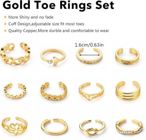 Tyqour Gold Toe Rings for Women Non Tarnish 12 Pcs Gold Toe Ring Adjustable Open Rings for Women Copper Durable Summer Beach Foot Jewelry in Saudi Arabia