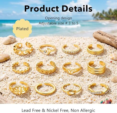 Tyqour Gold Toe Rings for Women Non Tarnish 12 Pcs Gold Toe Ring Adjustable Open Rings for Women Copper Durable Summer Beach Foot Jewelry in Saudi Arabia