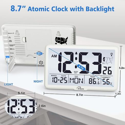 WallarGe Atomic Wall Clock with Backlight, Digital Wall Clock Battery Operated for Classroom, Bedroom, Office, Large Display with Indoor Temperature, Humidity, Date, AUTO DST, 6 Time Zones in Kuwait