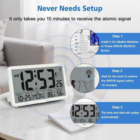 WallarGe Atomic Wall Clock with Backlight, Digital Wall Clock Battery Operated for Classroom, Bedroom, Office, Large Display with Indoor Temperature, Humidity, Date, AUTO DST, 6 Time Zones in Kuwait