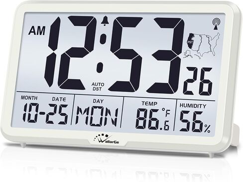 WallarGe Atomic Wall Clock with Backlight, Digital Wall Clock Battery Operated for Classroom, Bedroom, Office, Large Display with Indoor Temperature, Humidity, Date, AUTO DST, 6 Time Zones in Saudi Arabia