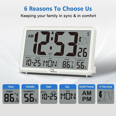 WallarGe Atomic Wall Clock with Backlight, Digital Wall Clock Battery Operated for Classroom, Bedroom, Office, Large Display with Indoor Temperature, Humidity, Date, AUTO DST, 6 Time Zones in Kuwait