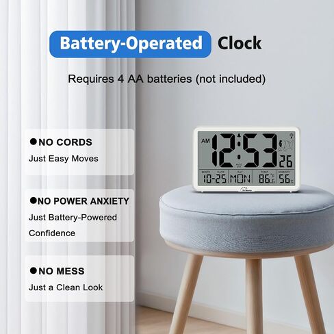 WallarGe Atomic Wall Clock with Backlight, Digital Wall Clock Battery Operated for Classroom, Bedroom, Office, Large Display with Indoor Temperature, Humidity, Date, AUTO DST, 6 Time Zones in Kuwait