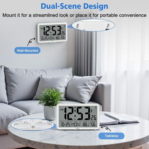 WallarGe Atomic Wall Clock with Backlight, Digital Wall Clock Battery Operated for Classroom, Bedroom, Office, Large Display with Indoor Temperature, Humidity, Date, AUTO DST, 6 Time Zones in Kuwait
