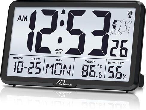 WallarGe Atomic Wall Clock with Backlight, Digital Wall Clock Battery Operated for Classroom, Bedroom, Office, Large Display with Indoor Temperature, Humidity, Date, AUTO DST, 6 Time Zones in Kuwait