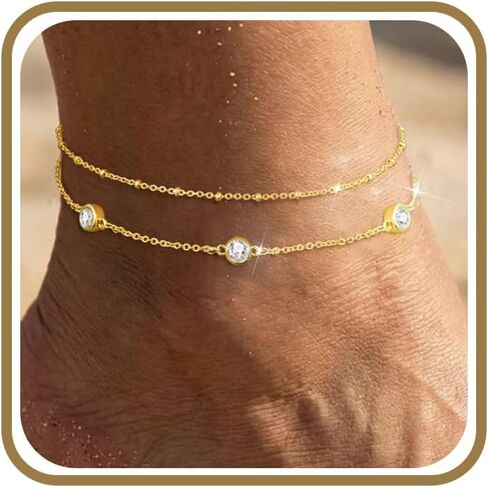Anklets for Women Waterproof 14K Gold Plated Beach Ankle Bracelets Dainty Summer Bow Clover Heart Evil Eye Anklet Non Tarnish Layered Beach Cz Jewelry Accessories for Women Trendy in Saudi Arabia