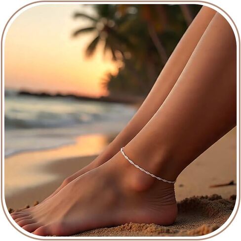 14K Silver/Gold Plated Anklet for Women – Trendy Waterproof Cuban Link Chain with Twist Satellite Beads, Dainty Non-Tarnish Adjustable Ankle Bracelet, Summer Beach Mothers Day Gifts in Saudi Arabia