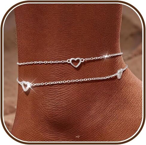 Sterling Silver Ankle Bracelets for Women 14k Gold Waterproof Layered Stackable Non Tarnish Dainty Heart Charm Large Adjustable Anklet for Summer Beach Jewelry Gift in Kuwait
