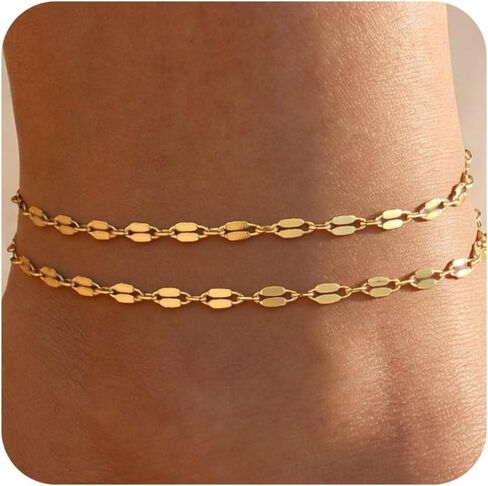 MFRYK Gold Anklets for Women Waterproof,14K Gold/Silver Plated Layered Ankle Bracelets Non Tarnish Bead Chain Lip-shaped Chain Cuban Link Pearl Anklets set Trendy Jewelry Gift for Women Summer in Saudi Arabia