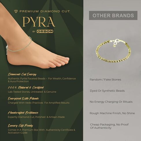 PYRA Certified Original Raw Pyrite Anklet for Women – Natural Money Magnet Crystal Payal | Pyrite Crystal Anklet for Wealth & Success | with Activation Card & Authenticity Certificate in Saudi Arabia