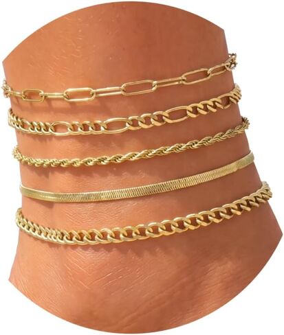 Fesciory Ankle Bracelets for Women, 14k Gold Plated Layered Stacking Chunky Cuban Link Chain Anklet Set, Silver Waterproof Adjustable Summer Beach Jewelry Gift in Saudi Arabia