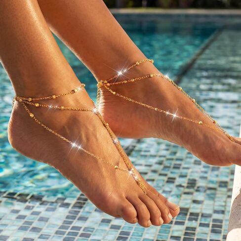 Nicute Gold Beads Toe Anklet Layered Barefoot Sandals Jewelry Summer Beach Foot Accessories for Women in Kuwait
