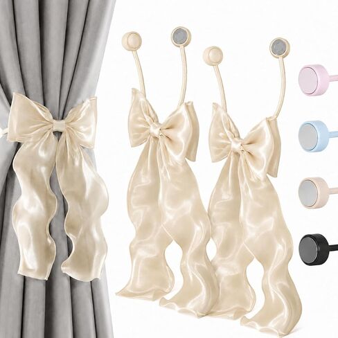2PCS Strong Magnetic Black Bow Curtain Tiebacks, Coqueta Lace Ribbon Curtain Holdbacks, Adjustable Drapery Clips for Home Decor, for Bedroom, Living Room, for Window, Wedding,Party in Saudi Arabia