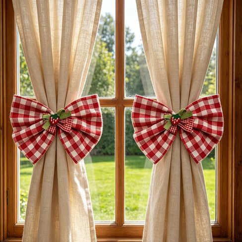 2 Pack Red Gingham Curtain Tiebacks with Handmade Strawberry Bow | Farmhouse Check Plaid Long Tassel Drape Holdbacks, Rustic Decorative Window Curtain Fastener Ties for Cottage Kitchen Bedroom in Kuwait