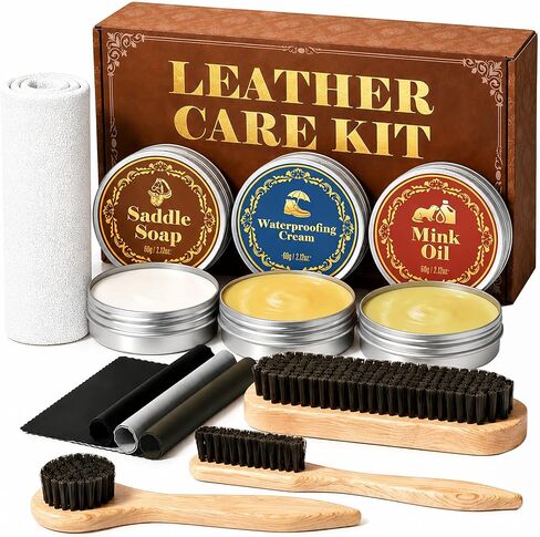 Jevvu 10PCS Leather Care Kit, Saddle Soap, Mink Oil & Waterproof Wax, Shoe Shine Kit for Boots, Leather Shoes & Cowboy Boots, Boot Cleaning Kit with Horsehair Brushes, Polish Cloths & Towel, Gift Set in Kuwait