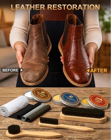Jevvu 10PCS Leather Care Kit, Saddle Soap, Mink Oil & Waterproof Wax, Shoe Shine Kit for Boots, Leather Shoes & Cowboy Boots, Boot Cleaning Kit with Horsehair Brushes, Polish Cloths & Towel, Gift Set in Kuwait