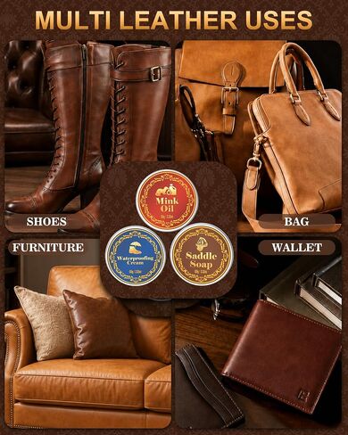 Jevvu 10PCS Leather Care Kit, Saddle Soap, Mink Oil & Waterproof Wax, Shoe Shine Kit for Boots, Leather Shoes & Cowboy Boots, Boot Cleaning Kit with Horsehair Brushes, Polish Cloths & Towel, Gift Set in Kuwait