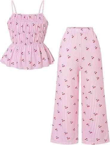 Tween Girls 2 Piece Outfit Set Summer Cherry Print Cami Top & Wide Leg Pants with Pockets Size 8-13 in Saudi Arabia