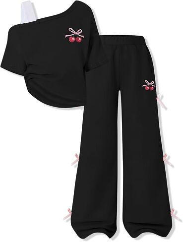 Cakaner Teen Girls Clothes Short Sleeve Graphic Tops & Wide Leg Bow Tie Pants 2 Piece Outfit Set Size 7-16 in Saudi Arabia