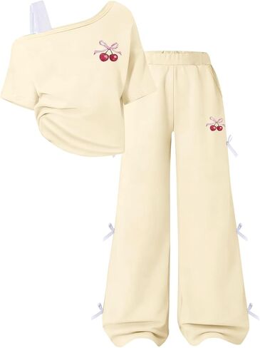 Cakaner Teen Girls Clothes Short Sleeve Graphic Tops & Wide Leg Bow Tie Pants 2 Piece Outfit Set Size 7-16 in Saudi Arabia
