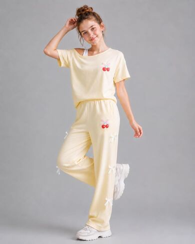Cakaner Teen Girls Clothes Short Sleeve Graphic Tops & Wide Leg Bow Tie Pants 2 Piece Outfit Set Size 7-16 in Saudi Arabia