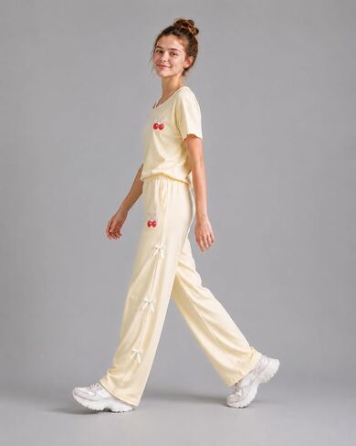 Cakaner Teen Girls Clothes Short Sleeve Graphic Tops & Wide Leg Bow Tie Pants 2 Piece Outfit Set Size 7-16 in Saudi Arabia