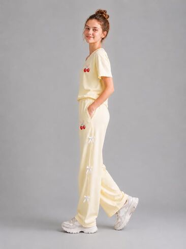Cakaner Teen Girls Clothes Short Sleeve Graphic Tops & Wide Leg Bow Tie Pants 2 Piece Outfit Set Size 7-16 in Saudi Arabia