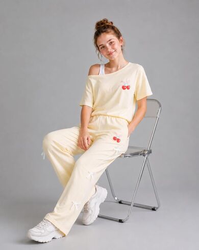 Cakaner Teen Girls Clothes Short Sleeve Graphic Tops & Wide Leg Bow Tie Pants 2 Piece Outfit Set Size 7-16 in Saudi Arabia