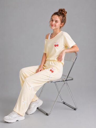 Cakaner Teen Girls Clothes Short Sleeve Graphic Tops & Wide Leg Bow Tie Pants 2 Piece Outfit Set Size 7-16 in Saudi Arabia