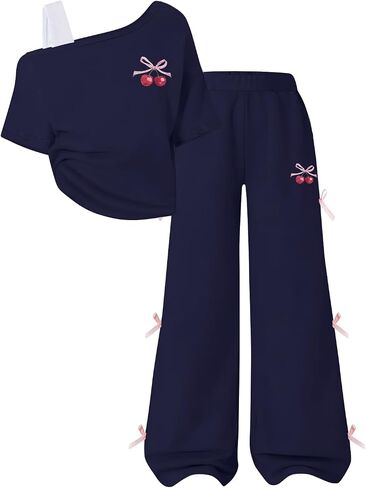 Cakaner Teen Girls Clothes Short Sleeve Graphic Tops & Wide Leg Bow Tie Pants 2 Piece Outfit Set Size 7-16 in Saudi Arabia