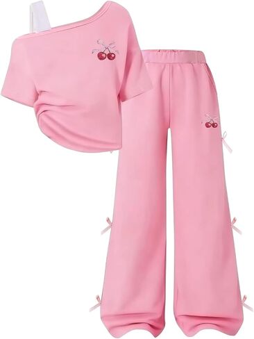 Cakaner Teen Girls Clothes Short Sleeve Graphic Tops & Wide Leg Bow Tie Pants 2 Piece Outfit Set Size 7-16 in Saudi Arabia