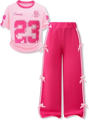 Tween Girls Clothes Short Sleeve Graphic T-Shirt Top + Bow Knot Wide Leg Pants 2pcs Outfit Set, Size 9-16 Years in Saudi Arabia