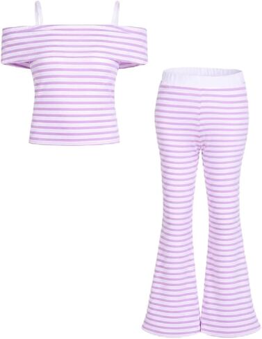 Girls 2 Piece Outfits Striped Off Shoulder Top with Flared Pants Set Summer Clothes for Tween Girls 7-14 Years in Kuwait