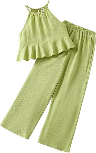 Girls' 8-12Y Fashion 2 Piece Pants Set - Sleeveless Halter Neck Ruffle Top & Wide Leg Pants Outfit for Summer in Saudi Arabia