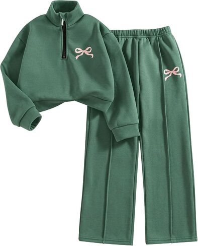RoseSeek Girl's 2 Piece Fall Outfits Bow Print Half Zip Sweatshirt and Baggy Sweatpants Cute Clothes Trendy in Saudi Arabia