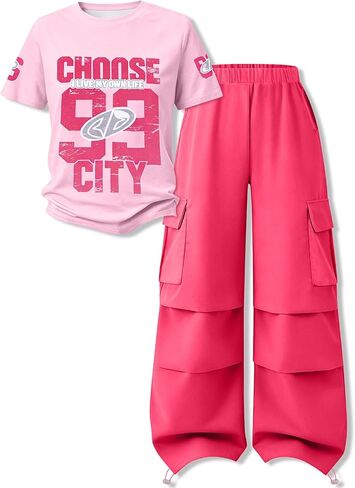 Tween Girls Clothes Short Sleeve Graphic T-Shirt Top & Cargo Pants 2PCS Outfit Set Size 9-16 Years in Kuwait