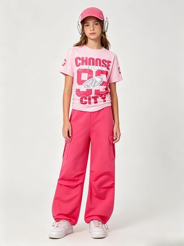 Tween Girls Clothes Short Sleeve Graphic T-Shirt Top & Cargo Pants 2PCS Outfit Set Size 9-16 Years in Kuwait