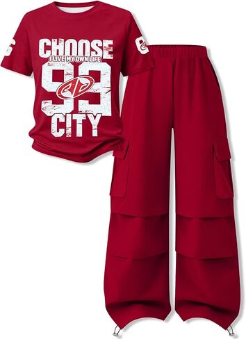 Tween Girls Clothes Short Sleeve Graphic T-Shirt Top & Cargo Pants 2PCS Outfit Set Size 9-16 Years in Kuwait